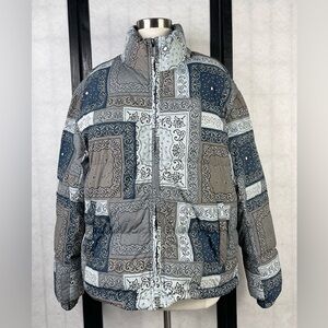 PacSun Bandana Print Puffer Jacket - Black and Gray. S